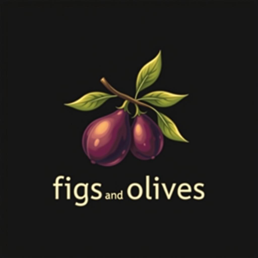  design a logo, fig leaf and olives, black background, with the text 'figs and olives'.