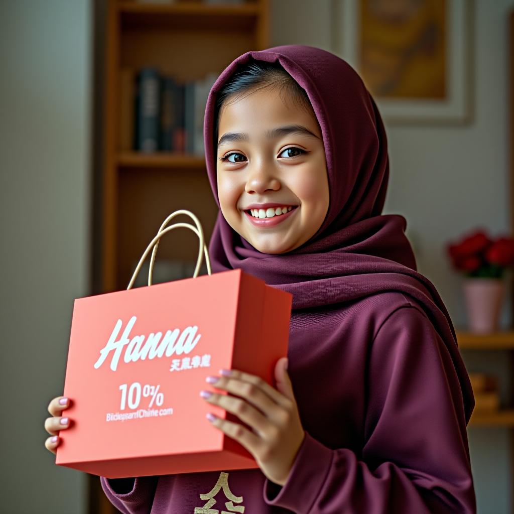  a muslim girl with a purchase from a chinese website.