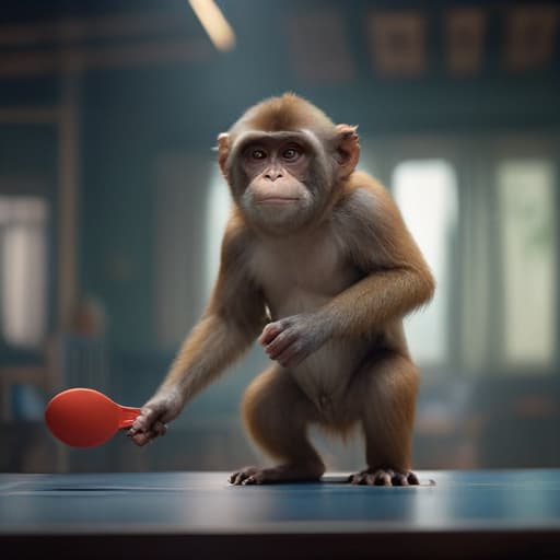 monkey is playing pingpong hyperrealistic, full body, detailed clothing, highly detailed, cinematic lighting, stunningly beautiful, intricate, sharp focus, f/1. 8, 85mm, (centered image composition), (professionally color graded), ((bright soft diffused light)), volumetric fog, trending on instagram, trending on tumblr, HDR 4K, 8K