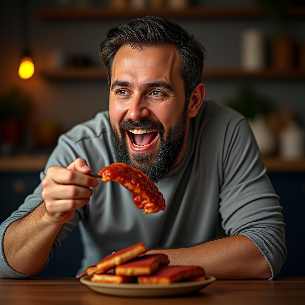  the man is enjoying eating meat.