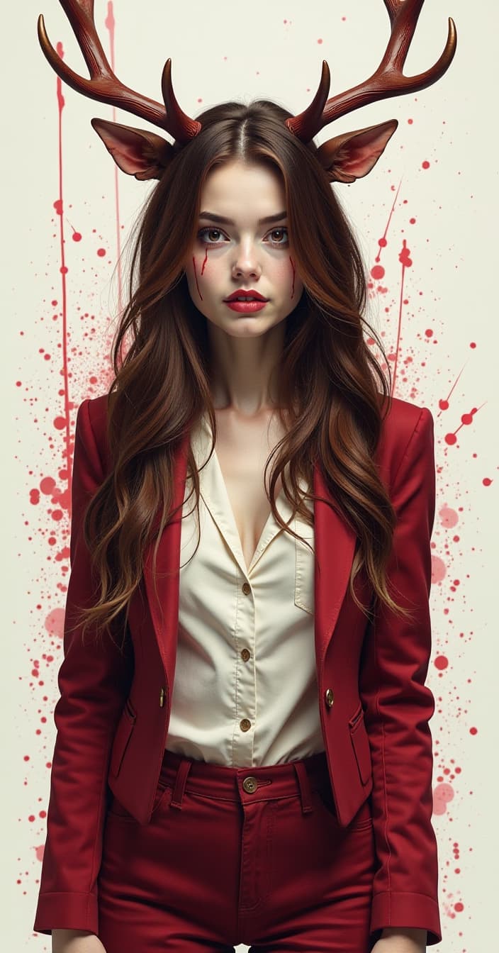  horror themed young woman, brown haired long silky hair, brightly expressed cheekbones, wide thick eyebrows, red eyes, upward nose, sensitive lips, crazy smile on the face, on the head of deer horns, slim figure, maroon jacket, white shirt, maroon pants, red splashes on the background, semi darkness, seduction, top of us, watercolor image, sci fi view . eerie, unsettling, dark, spooky, suspenseful, grim, highly detailed