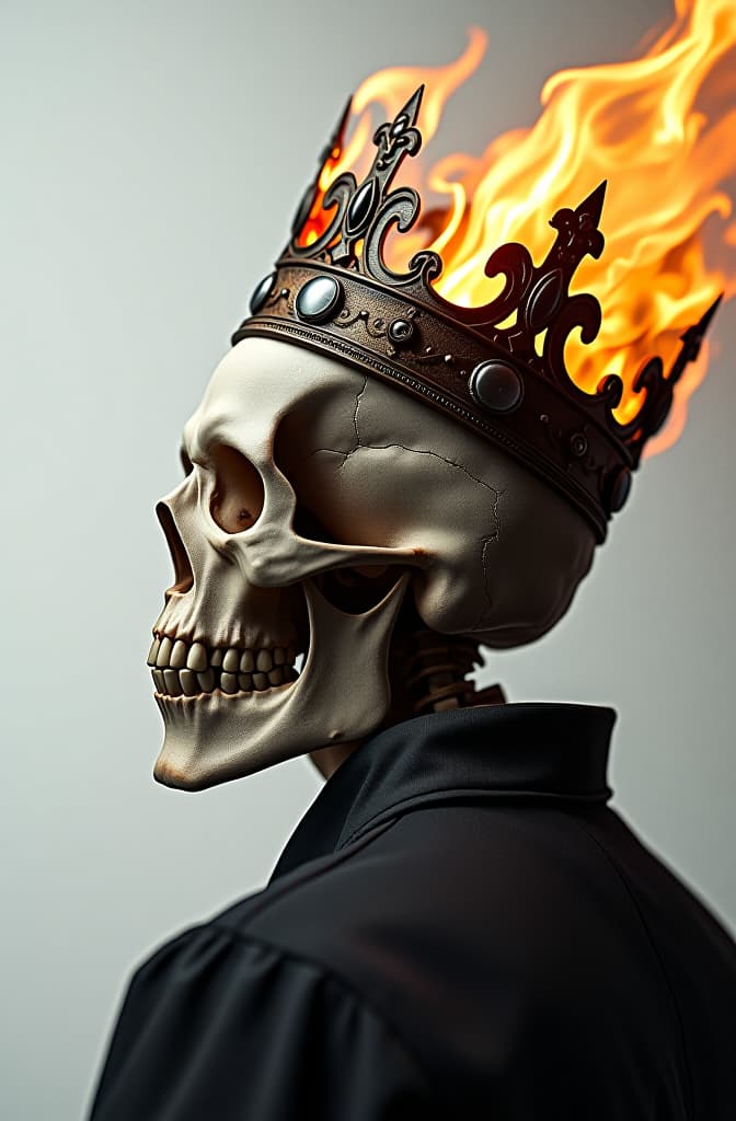  skull with a crown, the crown is on fire, white background, realistic, medium shot from back , realistic, portrait, realistic face, digital art, with eyes hyperrealistic, full body, detailed clothing, highly detailed, cinematic lighting, stunningly beautiful, intricate, sharp focus, f/1. 8, 85mm, (centered image composition), (professionally color graded), ((bright soft diffused light)), volumetric fog, trending on instagram, trending on tumblr, HDR 4K, 8K