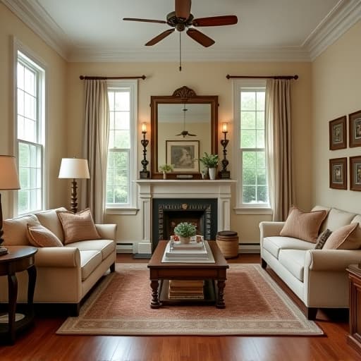  create a cozy colonial chic living room with elegant furniture, warm earth tones, and subtle vintage accents.