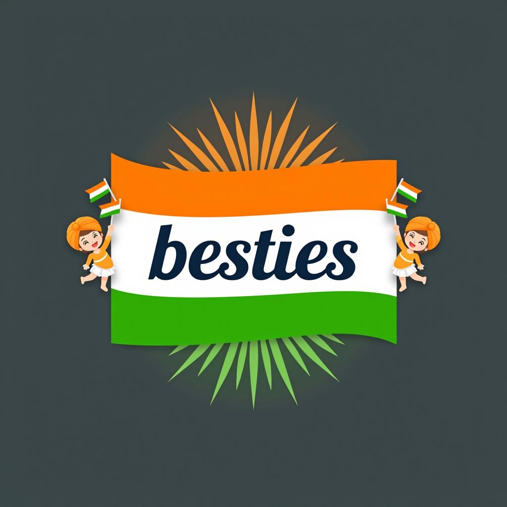  design a festive and cheerful profile picture logo for a group named 'besties' to celete independence day in india. the logo should include vint colors ociated with the indian flag (saffron, white, and green) and feature a cute and in the corners, dressed in traditional indian attire or holding small flags. the central part of the logo should have 'besties' written in a fun, font. add subtle independence day elements, like a backdrop of fireworks or the ashoka chakra, to emphasize the celetion. the overall design should be lively, engaging, and full of patriotic spirit