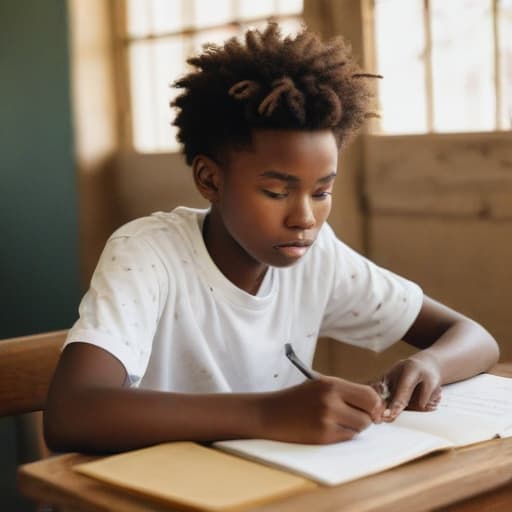 An image of an african teenager, with a well made hair, writing an essay