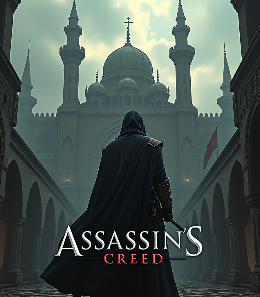  gothic style old poster, poster for the assassin's creed franchise unity, assassin's castle in masyaf, assassin in the foreground, text at the bottom in capital letters "assassin's creed", high detail, high resolution, detailed skin, detailed eyes, detailed background, cinematic, (great depth of field:1.4), hyper realism, lots of small details, perfect composition and angle. . dark, mysterious, haunting, dramatic, ornate, detailed hyperrealistic, full body, detailed clothing, highly detailed, cinematic lighting, stunningly beautiful, intricate, sharp focus, f/1. 8, 85mm, (centered image composition), (professionally color graded), ((bright soft diffused light)), volumetric fog, trending on instagram, trending on tumblr, HDR 4K, 8K