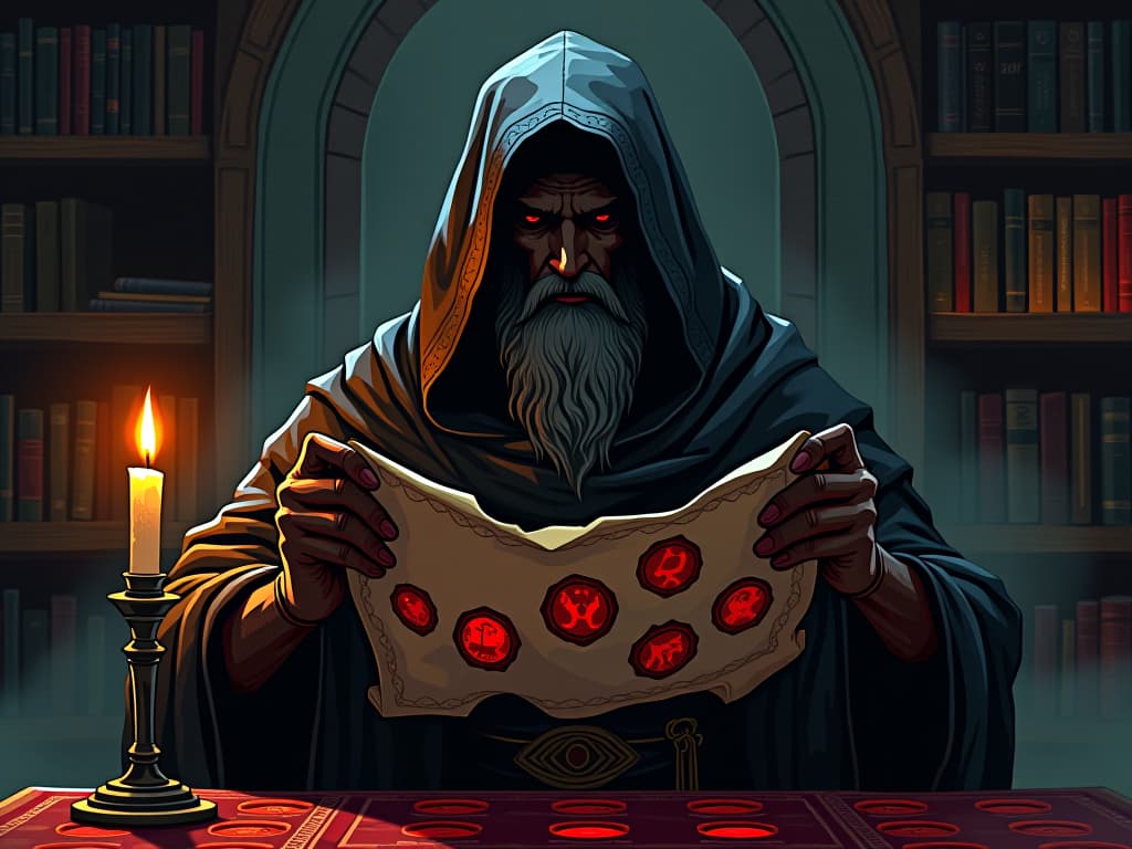  ancient scroll with red seals, held by a robed scholar, candle lit study, protecting integrity and wisdom. the style is digital art illustration / modern comic book / graphic dark novel fantasy and mysterious occult, symbolic, moody lighting, esoteric vibe,high detail on character design. for the color scheme emphasize blacks and reds.