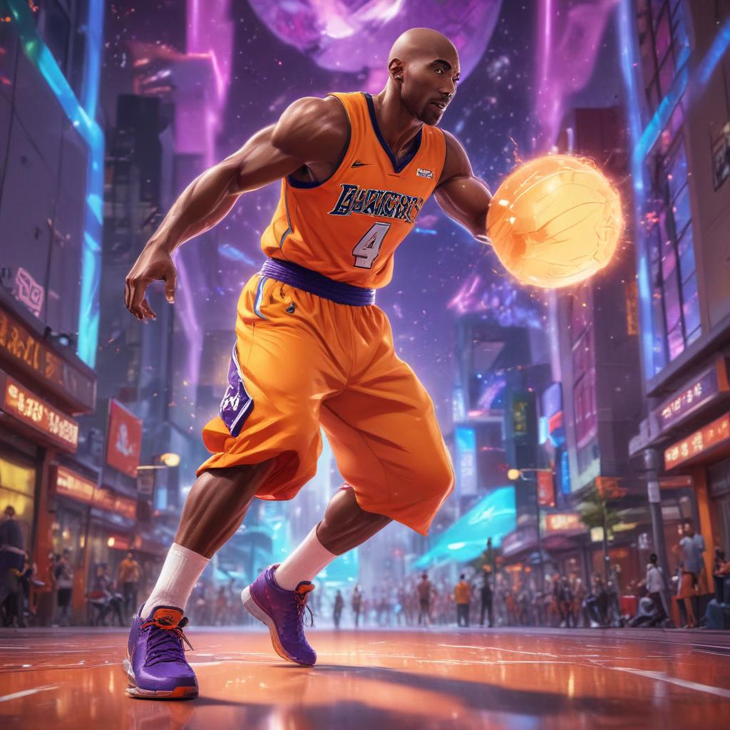 distance-shot, flashy, full-body, dynamic, holographic, animated cartoon poster of kobe scene in the style of dragon ball super