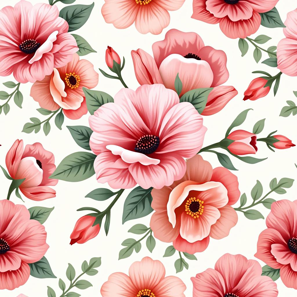  create a seamless digital design featuring a pattern of large, beautiful flowers with soft, watercolor like effects. the flowers should cover the entire surface, creating a bold, elegant, and continuous look. the overall style should be light and airy, with delicate leaves and petals to enhance the natural, floral theme. the design should be seamless to ensure it can be used in repeating patterns or wraps.