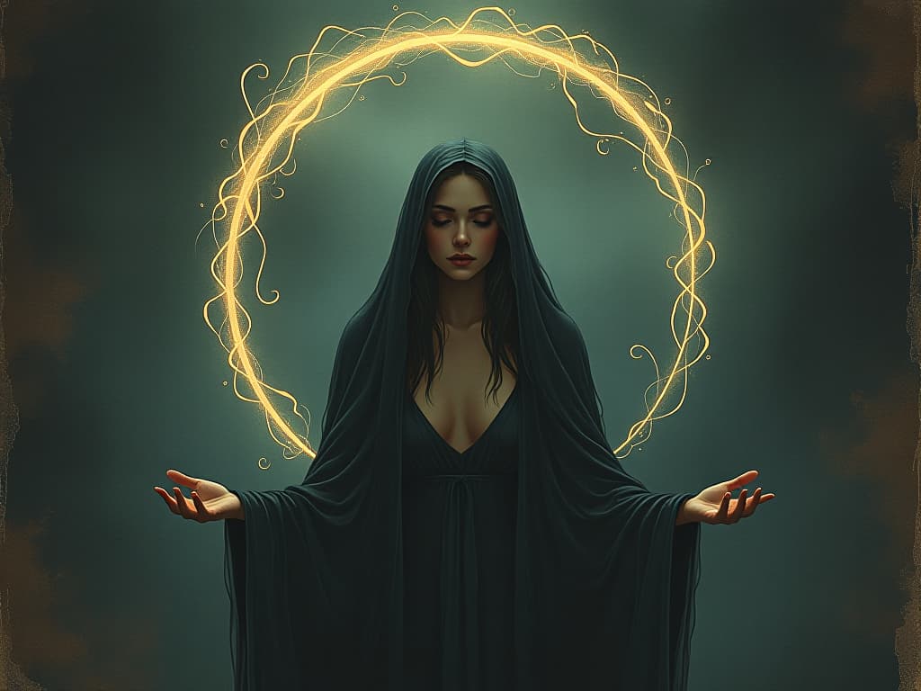  encircling energy forms, faintly glowing, creating a comforting aura around a serene figure, sense of safety, darkness contrasted with soft luminescence, protective, soothing. an illustration in the style of a worn, mystical old tarot trump card, mysterious and elements of surrealism. the colors are muted, somber and eerie, but with contrast bring out an occult and esoteric vibe.