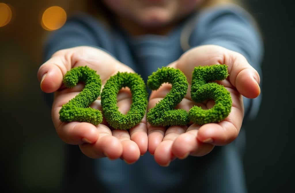  close up of child's hands, arms stretched forward, holding numbers 2025 made of green moss, blurred dark background with golden bokeh {prompt}, maximum details