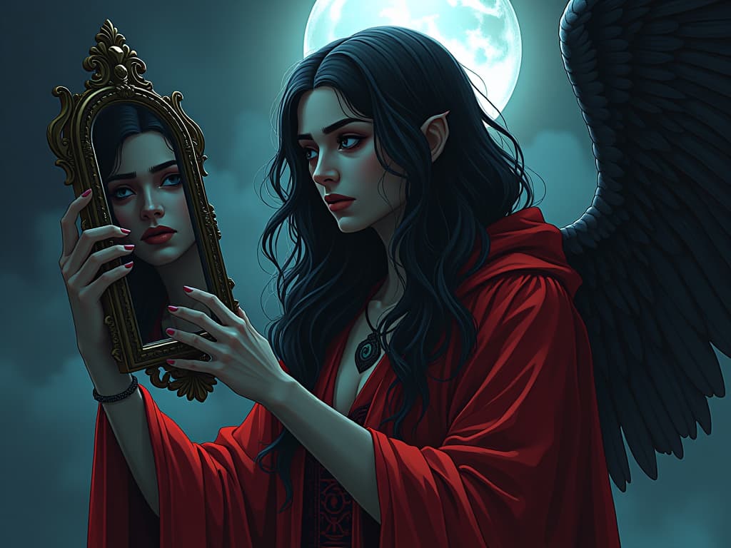  mirror held by celestial figure in red robes, moonlight reflecting, eyes full of sorrow, ethereal aura, sense of soul searching clarity, mystical atmosphere. the style is digital art illustration / modern comic book / graphic dark novel fantasy and mysterious occult, symbolic, moody lighting, esoteric vibe,high detail on character design. for the color scheme emphasize blacks and reds.