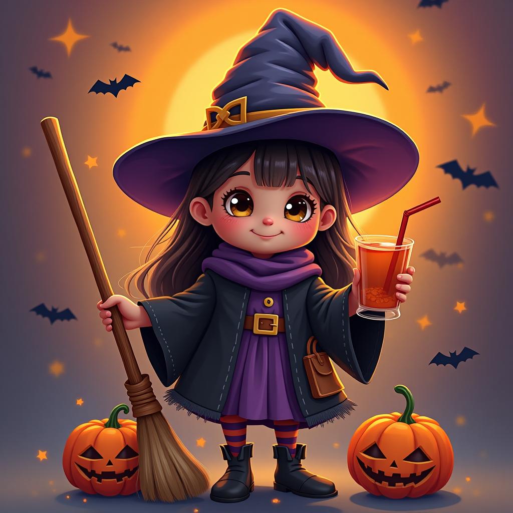  create a digital painting featuring a cute witch character. the witch should be wearing a hat. in one hand, the witch should hold a broomstick, and in the other hand, a halloween themed drink. the background should be colorful and include small black bats, pumpkins and stars to add a playful halloween touch. the overall style should be cute, whimsical, and colorful hyperrealistic, full body, detailed clothing, highly detailed, cinematic lighting, stunningly beautiful, intricate, sharp focus, f/1. 8, 85mm, (centered image composition), (professionally color graded), ((bright soft diffused light)), volumetric fog, trending on instagram, trending on tumblr, HDR 4K, 8K