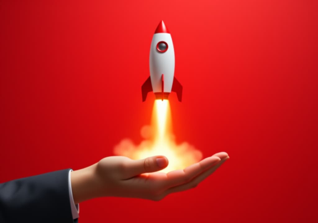  a rocket launch from an open hand isolated on a red background. representing the concept of business startup and product launch.