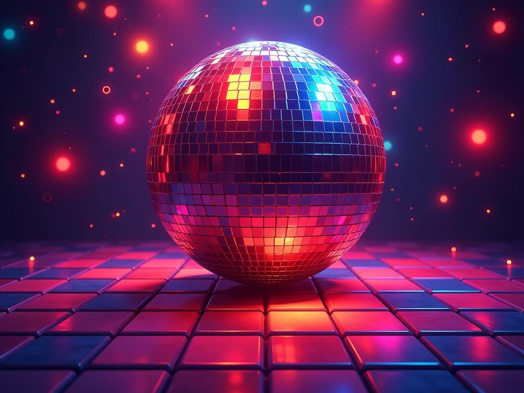  disco themed the icon for the puzzle block game. without unnecessary details. all objects are large.the blocks are square and multicolored . vibrant, groovy, retro 70s style, shiny disco balls, neon lights, dance floor, highly detailed