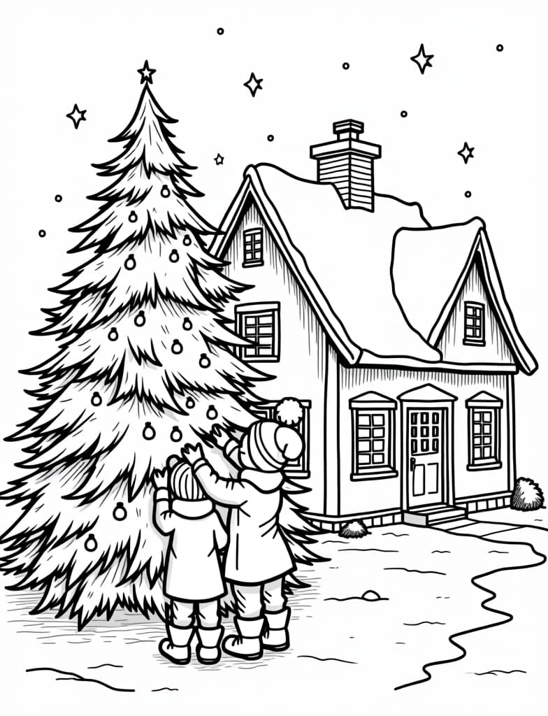  this is for an adult coloring page. a detailed black and white line art of a snowy family decorating a christmas tree in front of a snow covered house on a solid white background.