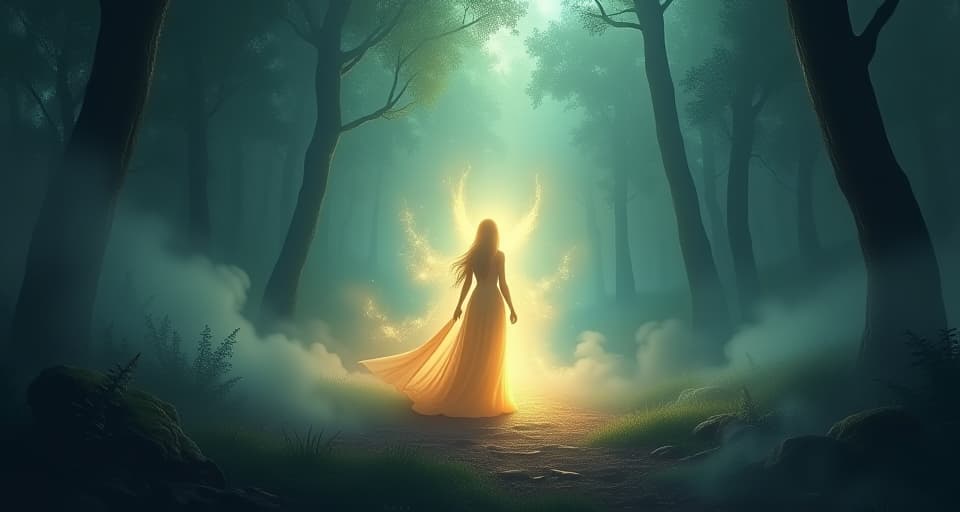  an ethereal figure surrounded by radiant light, while dark mist swirls toward a shadowy opponent. enchanted forest, unveiling, transformative scene.. the style is digital art illustration,highly detailed, whimsical,magical, dreamlike atmosphere, realism and fantasy blend, smooth, glossy textures,luminous quality, wonder and enchantment.