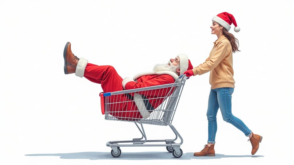  artwork a contented santa claus sits in a shopping cart, his legs raised high, his back leaning on the handle of the cart. from behind santa claus, a young woman of model appearance in a warm beige sweater and jeans and a santa claus hat is pushing the cart on a white background on the left, on the right there is a lot of free space for text, santa and the woman are looking in the same direction , watercolor techniques, featuring fluid colors, subtle gradients, transparency associated with watercolor art