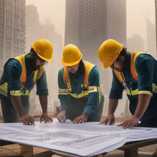 A photo of a group of construction workers examining blueprints in a bustling urban construction site during early morning with soft misty light filtering through the towering skyscrapers, casting a golden hue over the scene.