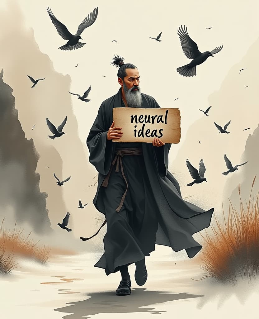  (masterpiece, high resolution, surrealism:1.3), pensive philosopher, (contemplative expression:1.2), (flowing robes:1.2), created from intricate chinese ink splatter, walking gracefully, surrounded by ethereal birds, (delicate feathers:1.1), holding a sign that reads "neural ideas" in elegant calligraphy, (dynamic ink splatters:1.4) blending into the scene, surreal composition, rich textures on rice paper, (abstract swirling patterns:1.3), atmospheric interplay of light and shadow, dreamlike quality, hints of vibrant colors amidst monochrome, enchanting backdrop of a tranquil landscape, evoking thought and introspection, mid stride, looking thoughtfully ahead. hyperrealistic, full body, detailed clothing, highly detailed, cinematic lighting, stunningly beautiful, intricate, sharp focus, f/1. 8, 85mm, (centered image composition), (professionally color graded), ((bright soft diffused light)), volumetric fog, trending on instagram, trending on tumblr, HDR 4K, 8K