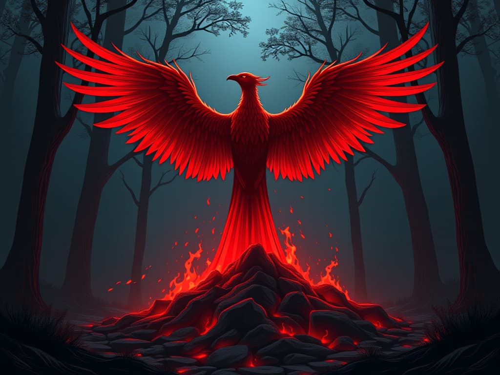  red phoenix rising from ashes, background of dense forest, symbolizing commitment to personal growth and integrity. the style is digital art illustration / modern comic book / graphic dark novel fantasy and mysterious occult, symbolic, moody lighting, esoteric vibe,high detail on character design. for the color scheme emphasize blacks and reds.