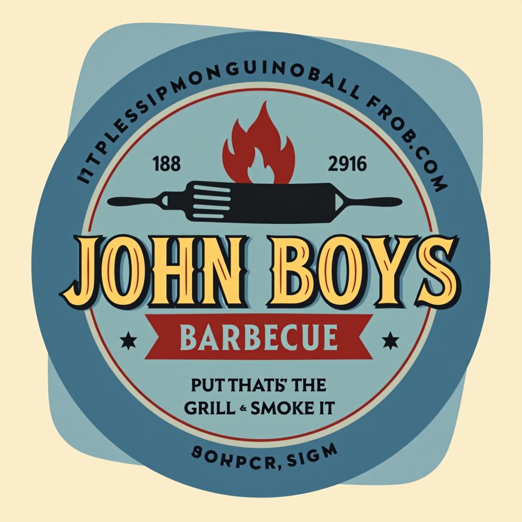  a sign john boys barbecue put that in your grill and smoke it, (logo), professional, trustworthy, bold, clean lines, sans serif font, blue tones, simple shapes, reliable, structured