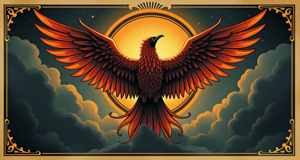  phoenix rising from modern logo, glowing feathers, rebirth, resilience, symbolic transformation. an illustration in the style of a worn, mystical old tarot trump card, mysterious and elements of surrealism. the colors are muted, somber and eerie, but with contrast bring out an occult and esoteric vibe.