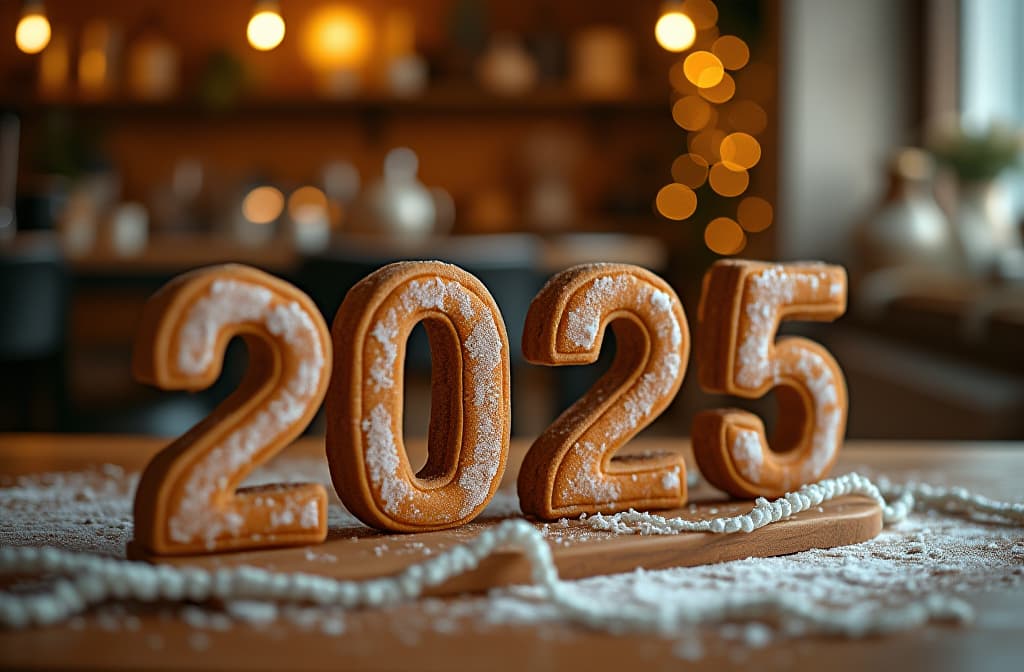  advertising style, stock photo, corporate branding style create a new year's banner for a coffee shop with the numbers "2025" in the form of a ginger cookie lying on the table next to a cup of coffee. the background should be cozy, creating a warm, inviting atmosphere. decorate the interior with christmas decorations such as garlands, tinsel and small light bulbs to give it a festive touch. the design should combine the cozy atmosphere of a winter cafe with a festive mood ar 3:2 . professional, clean, modern, product focused, commercial, eye catching, minimalist, business oriented, highly detailed