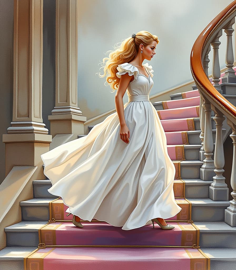  fairy tale masterpiece. (painting, watercolor. a beautiful palace, cinderella from charles perrault's fairy tale (a beautiful girl, blonde, with loose, curly hair:1.2), in a beautiful, white maxi dress, 16th century, (wearing one crystal heeled slipper:1.5) running down the stairs, and her second crystal slipper, which she loses when she runs down the palace's grand staircase, standing on a step of the staircase, close up:1.5). (intense close up:1.5). highly detailed brushstrokes, clarity. painting watercolor. spots, sweat. (style of artist sergei andriyaki:1.5). style of fantasy, fairy tales. . magical, fantastical, enchanting, storybook style, highly detailed