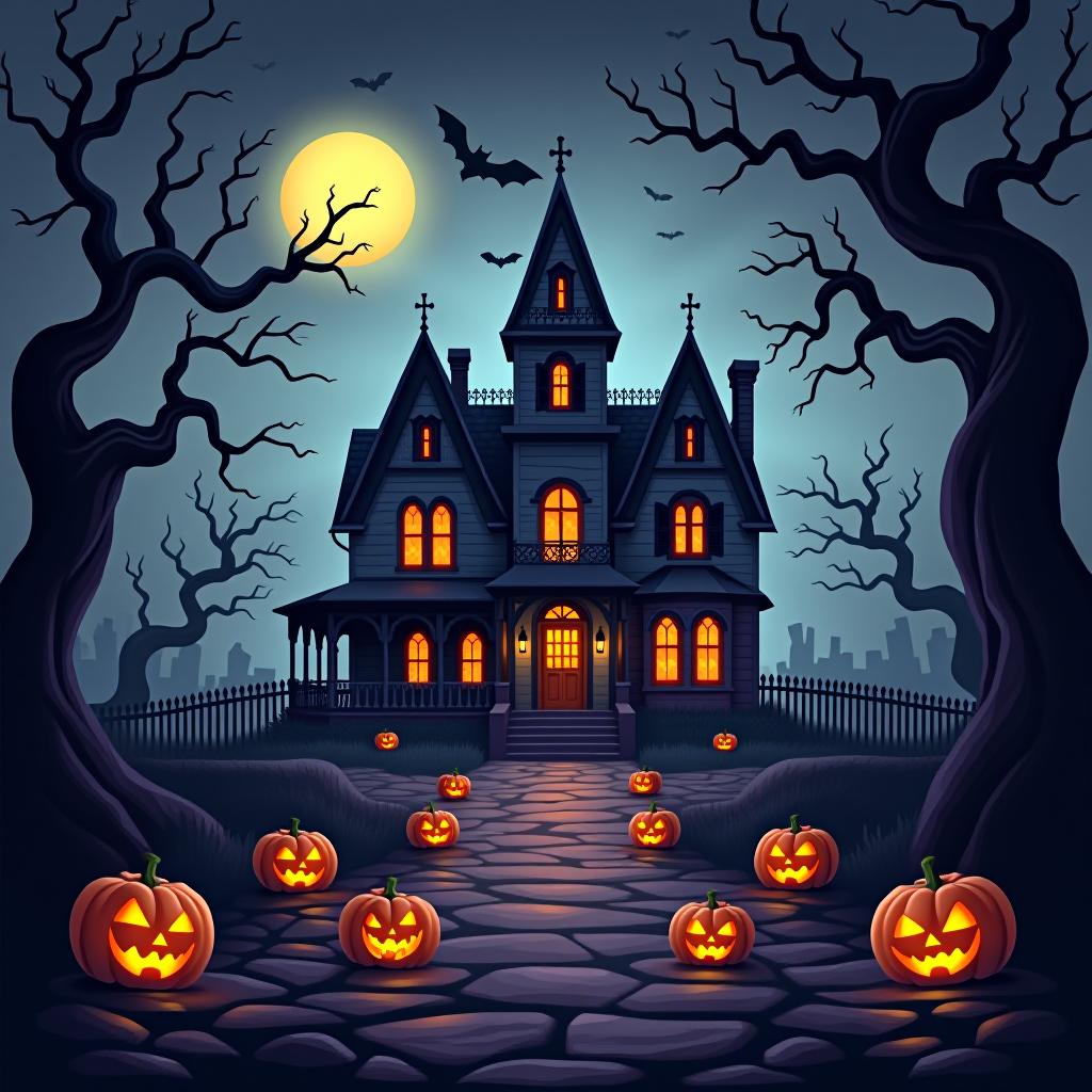  create a seamless digital painting of a spooky, halloween themed scene featuring a haunted house with gothic architecture. the house should be surrounded by twisted, gnarled trees and a multitude of jack o' lanterns. the scene should include a dark, cloudy sky to enhance the eerie atmosphere. the overall style should be detailed and atmospheric, capturing the essence of a haunted, creepy environment perfect for halloween, ensuring the design is seamless for use in repeating patterns or wraps.