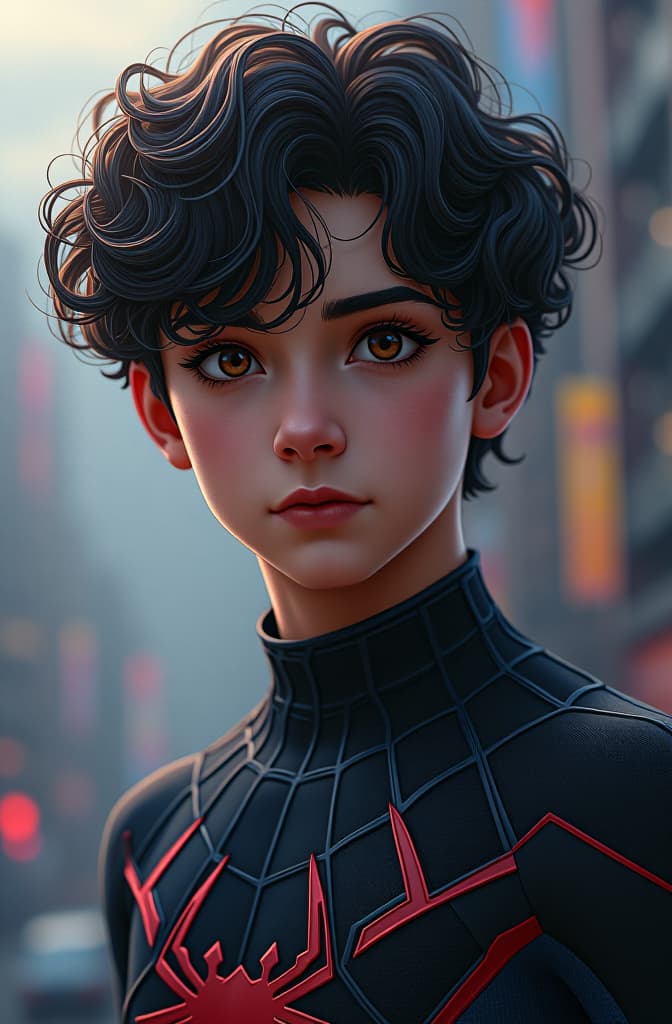  slightly curly black hair. costume includes black, gray and navy blue colors. , spiderman, marvel comic panel, comic panel, manga and manhwa style panel, portrait, young person face, spiderverse style, style for marvel comic, anime comic panel style hyperrealistic, full body, detailed clothing, highly detailed, cinematic lighting, stunningly beautiful, intricate, sharp focus, f/1. 8, 85mm, (centered image composition), (professionally color graded), ((bright soft diffused light)), volumetric fog, trending on instagram, trending on tumblr, HDR 4K, 8K