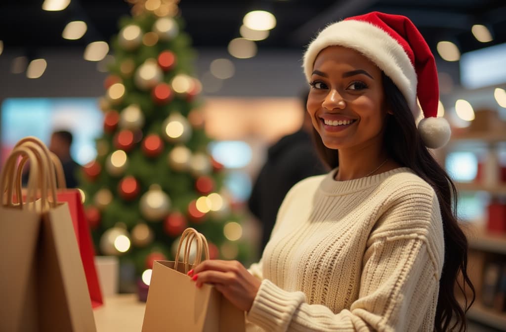  advertising style, stock photo, corporate branding style close up of dark skinned woman in sweater and santa hat with craft bags at checkout in store. christmas tree blurred in background . professional, clean, modern, product focused, commercial, eye catching, minimalist, business oriented, highly detailed