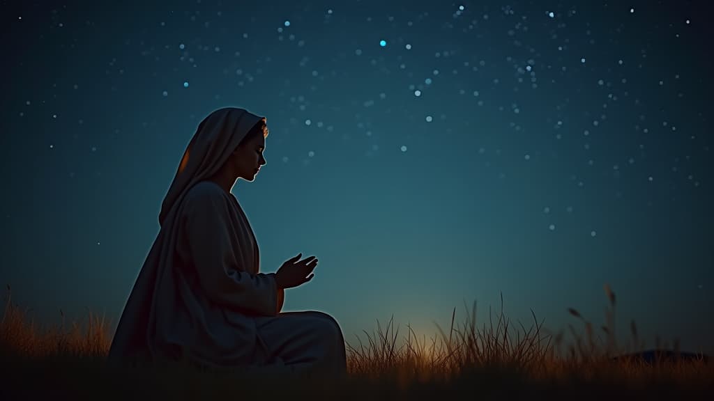  history of biblical times, a symbolic representation of ruth's faith with an image of her praying quietly, invoking the lord's guidance under a starry night sky. hyperrealistic, full body, detailed clothing, highly detailed, cinematic lighting, stunningly beautiful, intricate, sharp focus, f/1. 8, 85mm, (centered image composition), (professionally color graded), ((bright soft diffused light)), volumetric fog, trending on instagram, trending on tumblr, HDR 4K, 8K