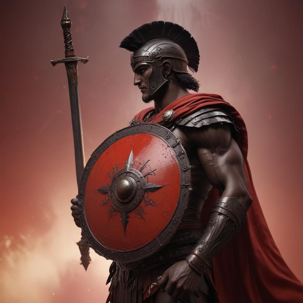 A climactic shot of Achilles standing tall, the sword and shield in his hands, a sense of acceptance and determination in his posture, the truth of his identity laid bare, framed against a backdrop of swirling emotions and conflicting loyalties, shot with a dynamic camera angle for impact"in the style of classical Greek pottery art, with intricate black figures on a red background, depicting mythological scenes with a focus on gods and heroes, using a limited color palette of red, black, and white"This image is a breathtaking painting that captures the magical scene with vivid detail. The overall composition is spellbinding, showcasing a perfect harmony. photorealism fantasy, unreal engine 5, concept hyperrealistic, full body, detailed clothing, highly detailed, cinematic lighting, stunningly beautiful, intricate, sharp focus, f/1. 8, 85mm, (centered image composition), (professionally color graded), ((bright soft diffused light)), volumetric fog, trending on instagram, trending on tumblr, HDR 4K, 8K