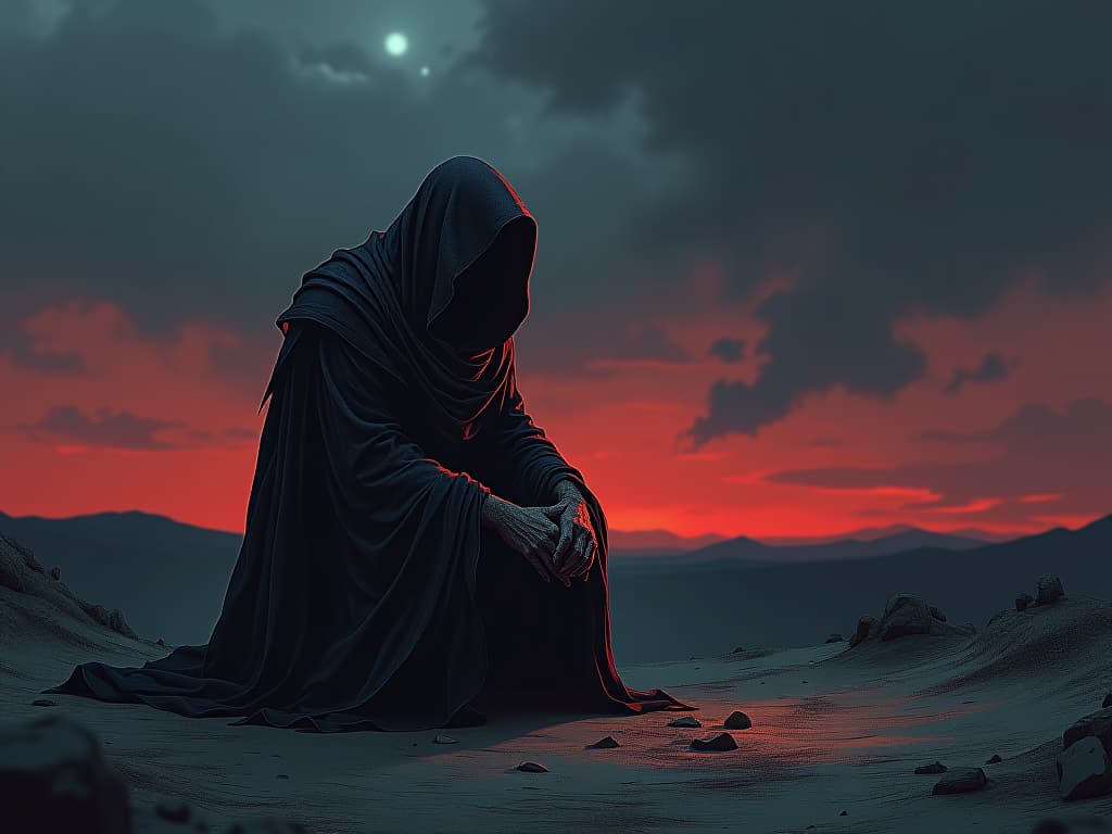  a weathered figure, cloaked in tattered robes, kneels in a barren landscape under a twilight sky, shadows of regret darkening the surroundings, stars seeming just out of reach, a life of missed opportunities.. the style is dark fantasy and mysterious occult, symbolic, moody lighting, esoteric vibe,high detail on character design. for the color scheme emphasize blacks and reds.