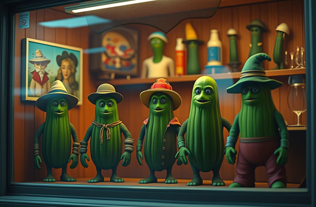  the storefront of a business that sells small hats for pickles. the front window has a display of green pickles lined up wearing a variety of different hats and helmets. hyperrealistic, full body, detailed clothing, highly detailed, cinematic lighting, stunningly beautiful, intricate, sharp focus, f/1. 8, 85mm, (centered image composition), (professionally color graded), ((bright soft diffused light)), volumetric fog, trending on instagram, trending on tumblr, HDR 4K, 8K