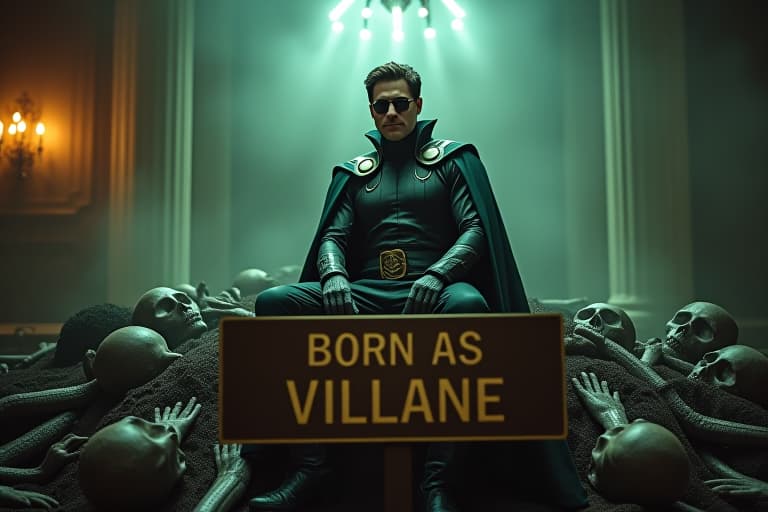  award winning photography,doctor doom ,robert downey jr. , sitting on an enormous pile of dead body in a mansion,sign in front reads ((born as villane)), 35mm photograph, film, bokeh, professional, 4k, highly detailed. embedding:ezrealponyxl, 8k hyperrealistic, full body, detailed clothing, highly detailed, cinematic lighting, stunningly beautiful, intricate, sharp focus, f/1. 8, 85mm, (centered image composition), (professionally color graded), ((bright soft diffused light)), volumetric fog, trending on instagram, trending on tumblr, HDR 4K, 8K