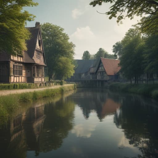 Houses surrounding by the moat in Cinematic style with Forests background