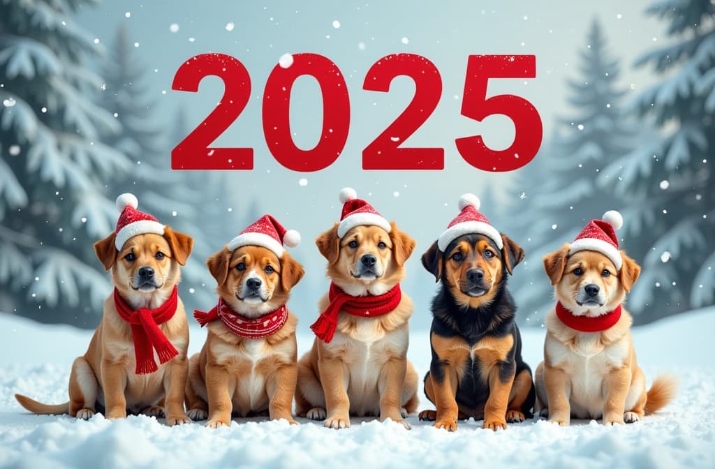  a winter landscape depicting a christmas atmosphere: snow is falling, snowdrifts are all around. at the bottom of the banner, dogs of different breeds sit together, each wearing a new year's hat and scarf. they are arranged in a row, creating a cheerful and cozy atmosphere. above the dogs, in the snowy sky, the red numbers '2025' are highlighted in large numbers, giving the image a festive look. {prompt}, maximum details