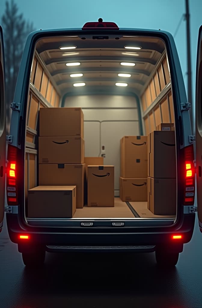  full length amazon sprinter van opened with boxes inside hyperrealistic, full body, detailed clothing, highly detailed, cinematic lighting, stunningly beautiful, intricate, sharp focus, f/1. 8, 85mm, (centered image composition), (professionally color graded), ((bright soft diffused light)), volumetric fog, trending on instagram, trending on tumblr, HDR 4K, 8K