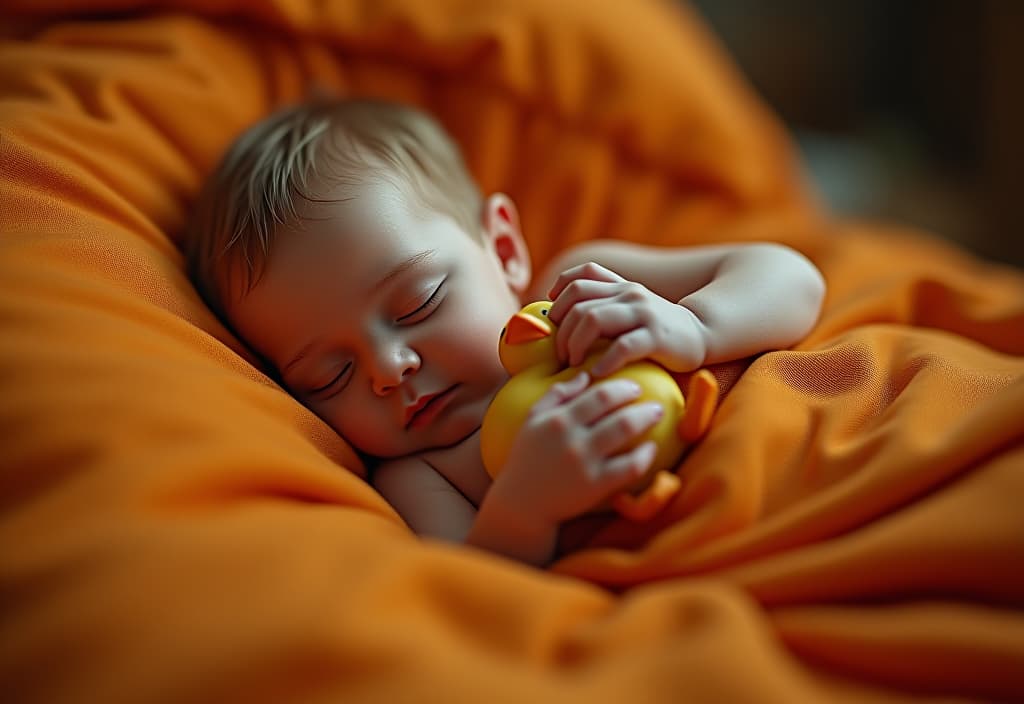  hyperrealistic art 1 the newborn sleeps on the side of his warm orange bed, holds the duck . extremely high resolution details, photographic, realism pushed to extreme, fine texture, incredibly lifelike hyperrealistic, full body, detailed clothing, highly detailed, cinematic lighting, stunningly beautiful, intricate, sharp focus, f/1. 8, 85mm, (centered image composition), (professionally color graded), ((bright soft diffused light)), volumetric fog, trending on instagram, trending on tumblr, HDR 4K, 8K