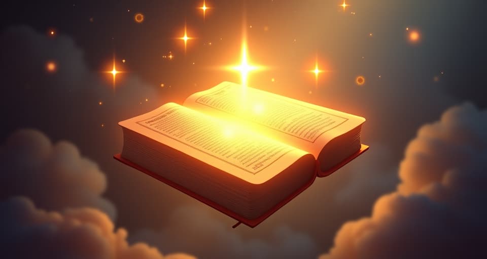  a glowing, ancient bible floating mid air, surrounded by divine light and ethereal symbols, indicating a divine message, radiant and sacred.. the style is digital art illustration,highly detailed, whimsical,magical, dreamlike atmosphere, realism and fantasy blend, smooth, glossy textures,luminous quality, wonder and enchantment.