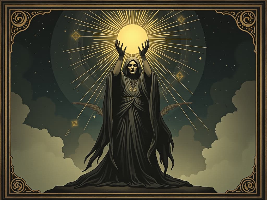  sacred beacon, figure holding a luminous sphere, threads of light connecting to stars, divine, guiding. an illustration in the style of a worn, mystical old tarot trump card, mysterious and elements of surrealism. the colors are muted, somber and eerie, but with contrast bring out an occult and esoteric vibe.