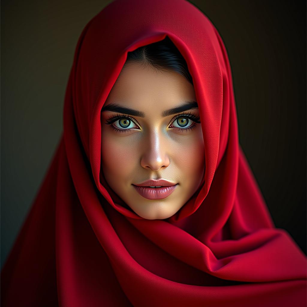  a muslim woman in red with blue eyes.