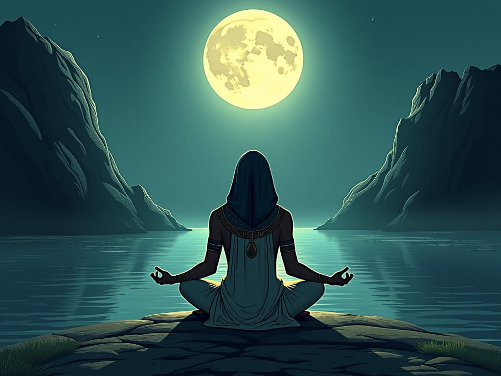  egyptian monk meditating by a river, light from the full moon, transformative and serene atmosphere. the style is digital art illustration / modern comic book / mysterious occult, symbolic, esoteric vibe,high detail on character design, incorporating ancient egyptian symbology and attire.