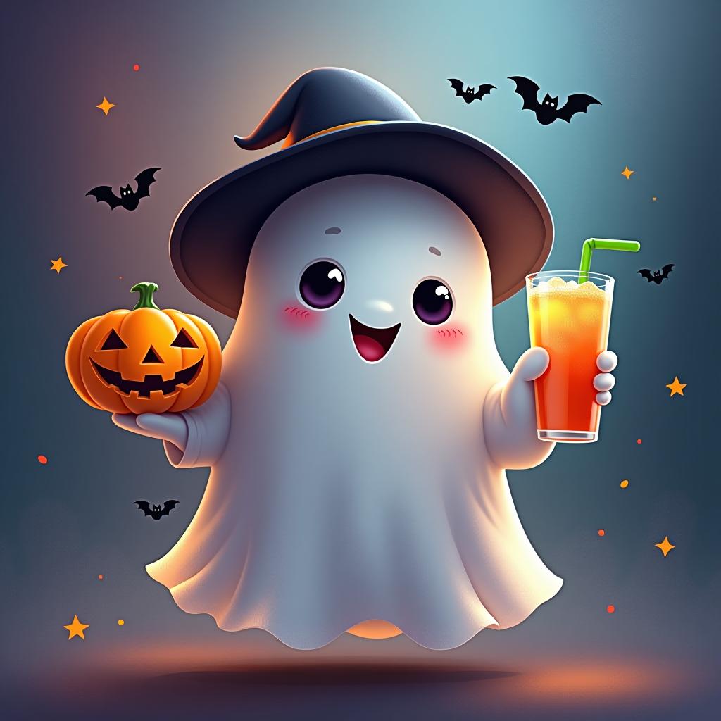  create a digital painting featuring a cute ghost character. the ghost should be wearing a hat. in one hand, the ghost should hold a pumpkin with a carved face, and in the other hand, a halloween themed drink. the background should be colorfull and include small black bats and stars to add a playful halloween touch. the overall style should be cute, whimsical, and colorful hyperrealistic, full body, detailed clothing, highly detailed, cinematic lighting, stunningly beautiful, intricate, sharp focus, f/1. 8, 85mm, (centered image composition), (professionally color graded), ((bright soft diffused light)), volumetric fog, trending on instagram, trending on tumblr, HDR 4K, 8K