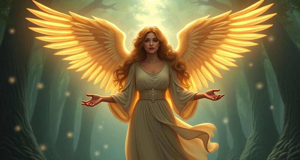  a radiant angel with intricate, glowing wings, hovering above an enchanted glade. she extends her hands downward, dispelling a dark mist, symbolizing spiritual consequences averted.. the style is digital art illustration,highly detailed, whimsical,magical, dreamlike atmosphere, realism and fantasy blend, smooth, glossy textures,luminous quality, wonder and enchantment.