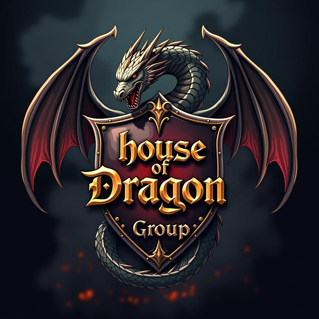  good quality, high quality, realistic anime style logo for the 'house of dragon' group, showcasing a dragon wrapped around a medieval shield. the dragon has intricate scales and wings, with a menacing expression. the shield bears the group name 'house of dragon' in an ancient script. the background is a dark, smoky atmosphere with hints of fire and embers.