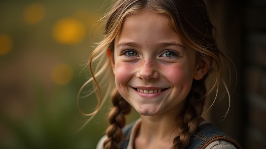  studio portrait, smiling girl with freckles and rustic clothing, dramatic lighting emphasizing her features, warm and inviting mood, classic composition with a soft backdrop of blurred nature, capturing a moment of genuine happiness ar 4:5 v 6.1 style raw ar 16:9, (natural skin texture), highly detailed face, depth of field, hyperrealism, soft light, muted colors