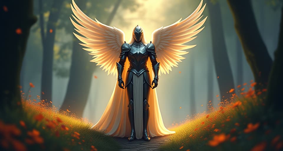  an ethereal being in shining armor, standing tall in an illuminated glade. symbol of misunderstood strength, enchanted, atmospheric surroundings.. the style is digital art illustration,highly detailed, whimsical,magical, dreamlike atmosphere, realism and fantasy blend, smooth, glossy textures,luminous quality, wonder and enchantment.